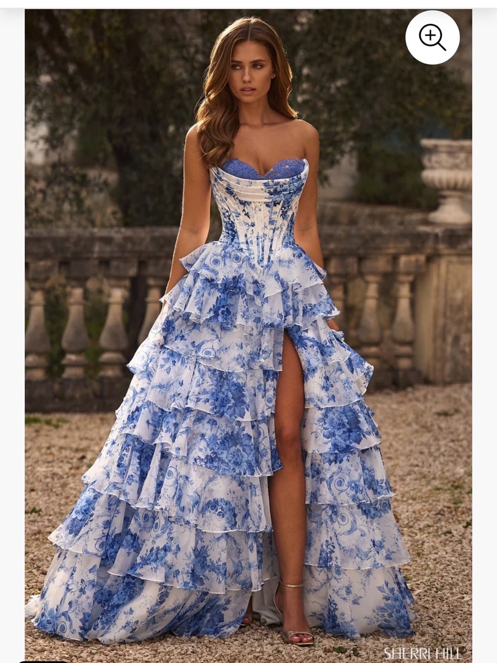 Sherri Hill Blue and White Strapless Ruffled Ball Gown with High Slit